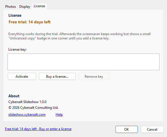 The License tab of the settings during the free trial, showing 14 days left, a box to paste a license key and a Buy a license button